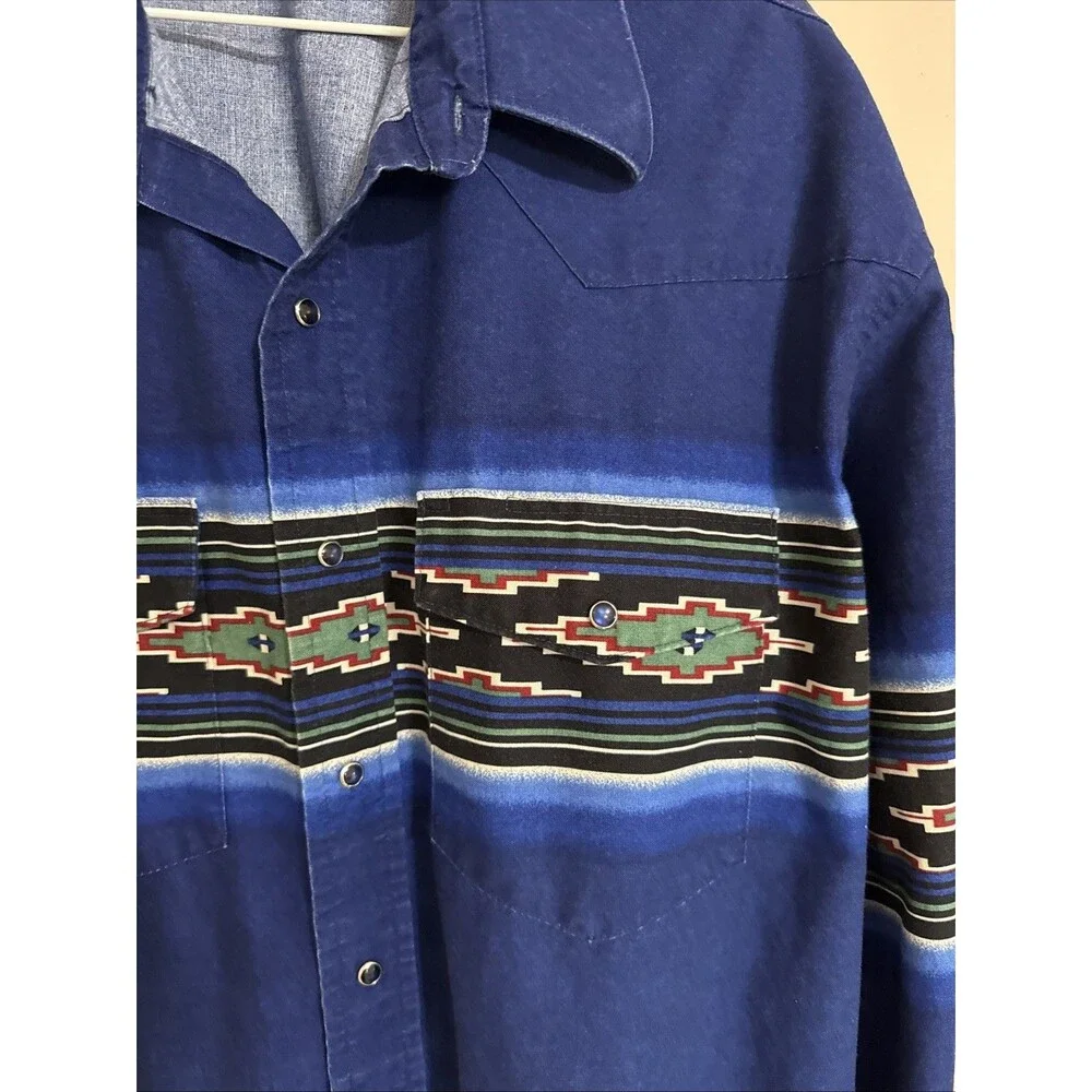 Wrangler Pearl Snap Western Shirt XL Cowboy Rodeo Aztec Southwestern Blue Vtg - Picture 4 of 9